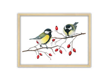 Load image into Gallery viewer, zwei Kohlmeisen mit Hagebutten