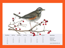 Lade das Bild in den Galerie-Viewer, Eine Rotdrossel, ein bräunlicher Vogel mit roten Seiten, auf Ast mit roten Beeren