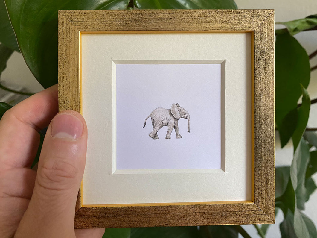 Elefant Miniatur Zeichnung in goldenem Bilderrahmen, gehalten vor Pflanzen