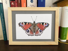 Load image into Gallery viewer, Postkarte Schmetterling Tagpfauenauge in Holzrahmen vor Büchern