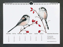 Load image into Gallery viewer, Im Dezember sind zwei Schwanzmeisen abgebildet, sie sind weiß schwarz mit rose und haben lange Schwänze. Dazu rote Beeren
